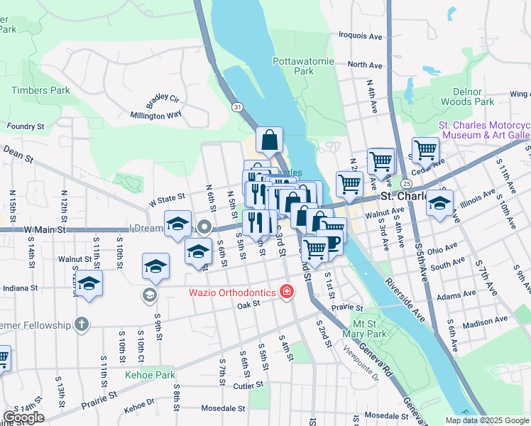 map of restaurants, bars, coffee shops, grocery stores, and more near 305 West Main Street in St. Charles