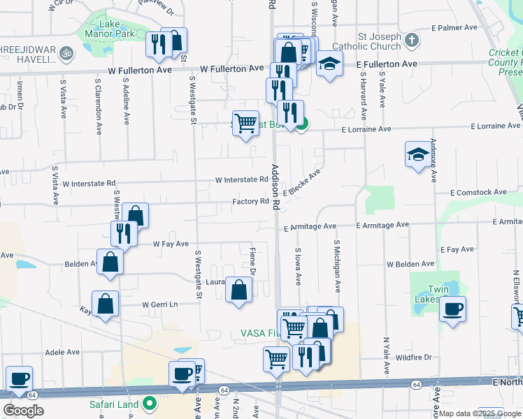 map of restaurants, bars, coffee shops, grocery stores, and more near 21 Factory Road in Addison