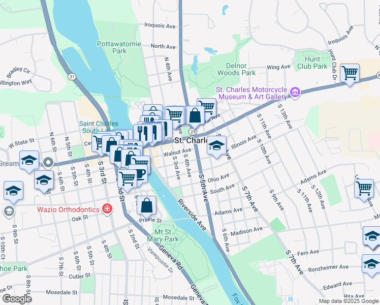 map of restaurants, bars, coffee shops, grocery stores, and more near 405 Walnut Avenue in St. Charles
