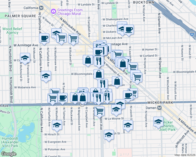 map of restaurants, bars, coffee shops, grocery stores, and more near 1746 North Western Avenue in Chicago