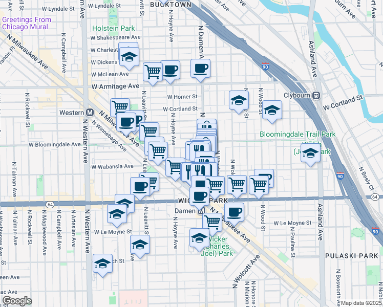 map of restaurants, bars, coffee shops, grocery stores, and more near 1728 North Damen Avenue in Chicago