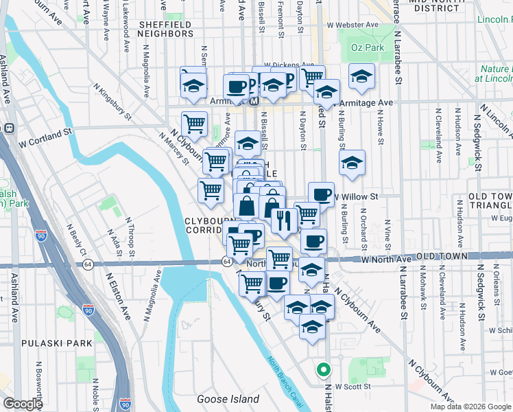 map of restaurants, bars, coffee shops, grocery stores, and more near 1758 North Clybourn Avenue in Chicago