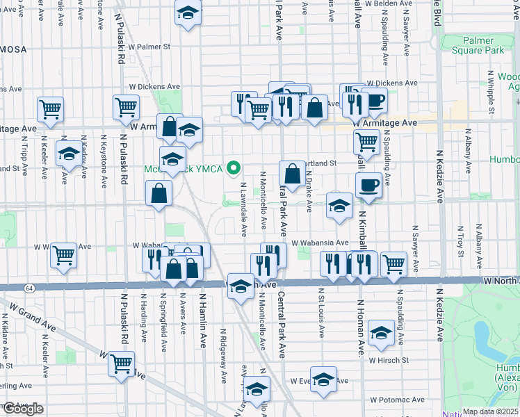 map of restaurants, bars, coffee shops, grocery stores, and more near 1754 North Monticello Avenue in Chicago