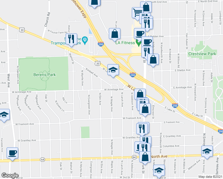 map of restaurants, bars, coffee shops, grocery stores, and more near W Armitage Ave & Maple Ave in Elmhurst