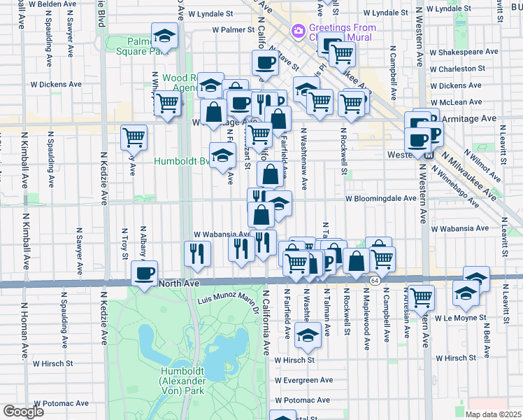 map of restaurants, bars, coffee shops, grocery stores, and more near 1732 North California Avenue in Chicago