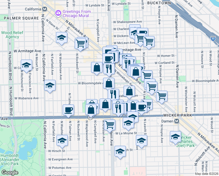 map of restaurants, bars, coffee shops, grocery stores, and more near 1744 North Western Avenue in Chicago