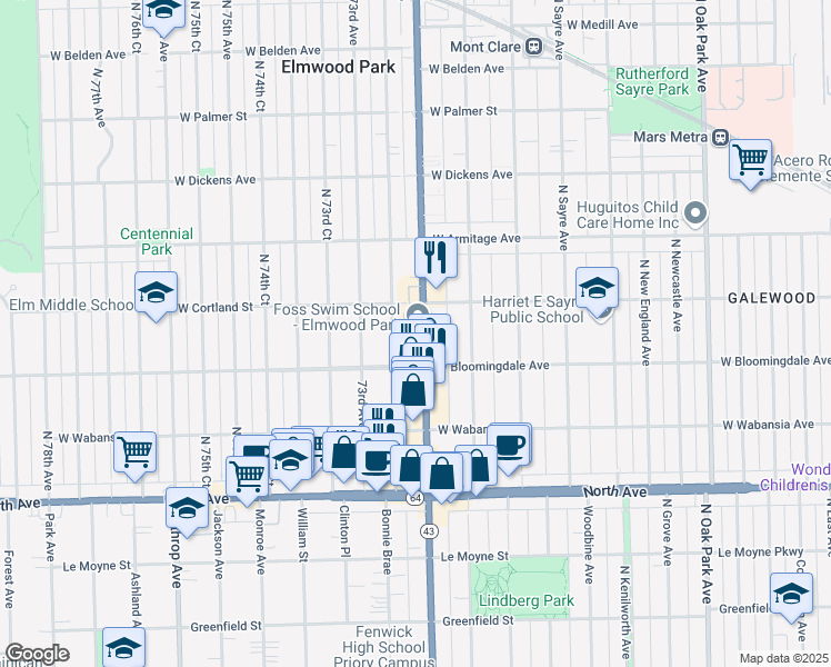 map of restaurants, bars, coffee shops, grocery stores, and more near 1807 North 72nd Court in Elmwood Park