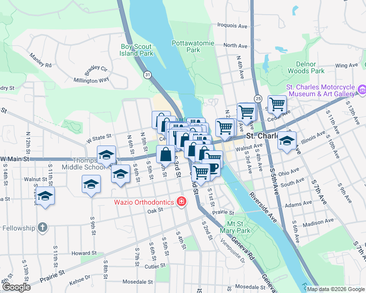 map of restaurants, bars, coffee shops, grocery stores, and more near 3 South 2nd Street in St. Charles