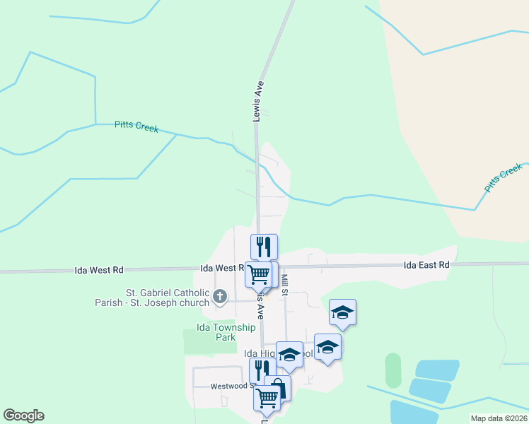 map of restaurants, bars, coffee shops, grocery stores, and more near 2670 Lewis Avenue in Ida