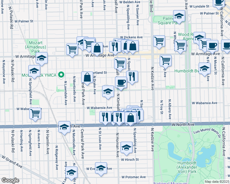 map of restaurants, bars, coffee shops, grocery stores, and more near 1740 North Kimball Avenue in Chicago