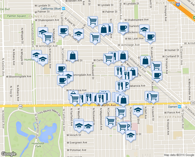 map of restaurants, bars, coffee shops, grocery stores, and more near 1728 North Maplewood Avenue in Chicago