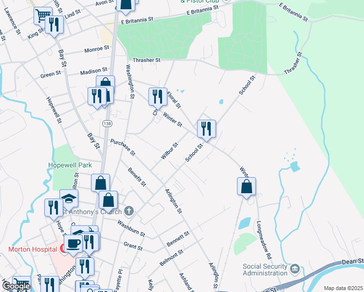 map of restaurants, bars, coffee shops, grocery stores, and more near 200 School Street in Taunton