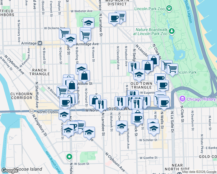map of restaurants, bars, coffee shops, grocery stores, and more near 518 West Eugenie Street in Chicago