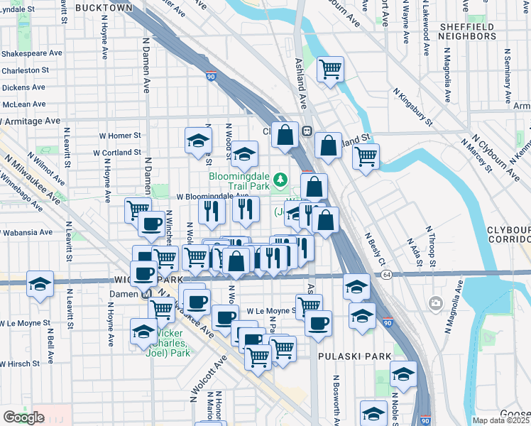 map of restaurants, bars, coffee shops, grocery stores, and more near in Chicago