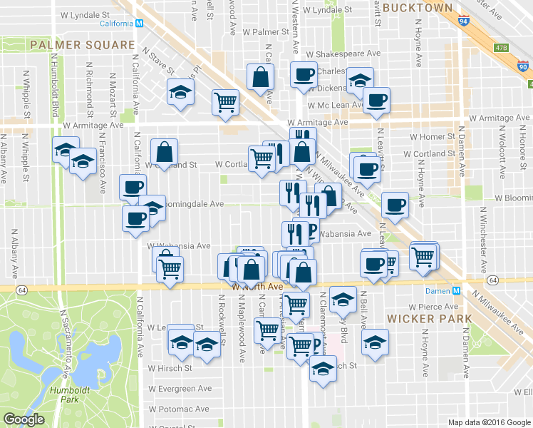 map of restaurants, bars, coffee shops, grocery stores, and more near 1728 North Campbell Avenue in Chicago