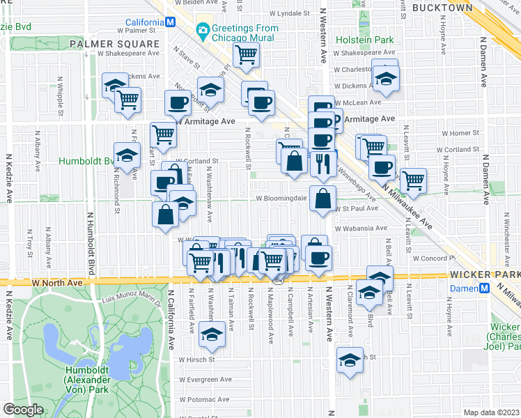 map of restaurants, bars, coffee shops, grocery stores, and more near 1728 North Maplewood Avenue in Chicago