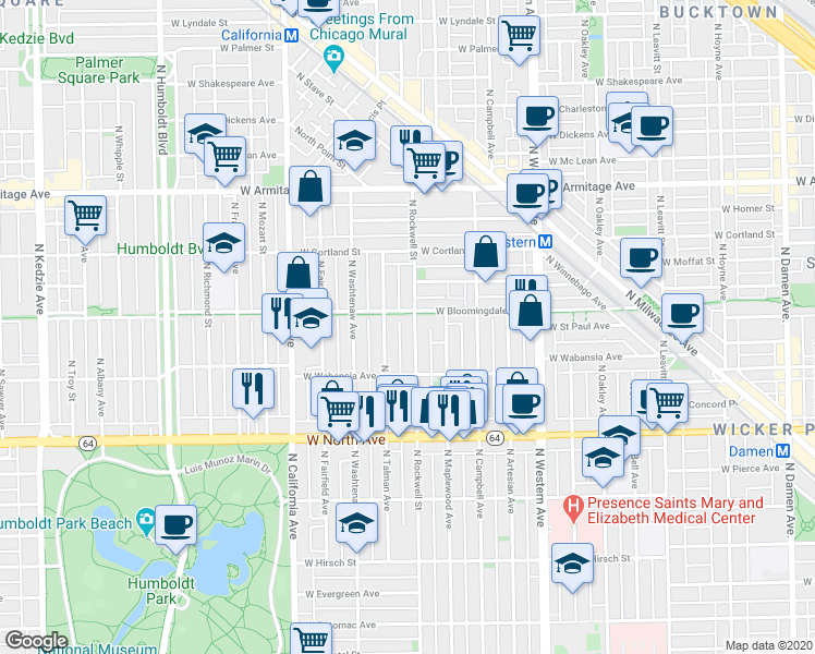 map of restaurants, bars, coffee shops, grocery stores, and more near 1731 North Talman Avenue in Chicago