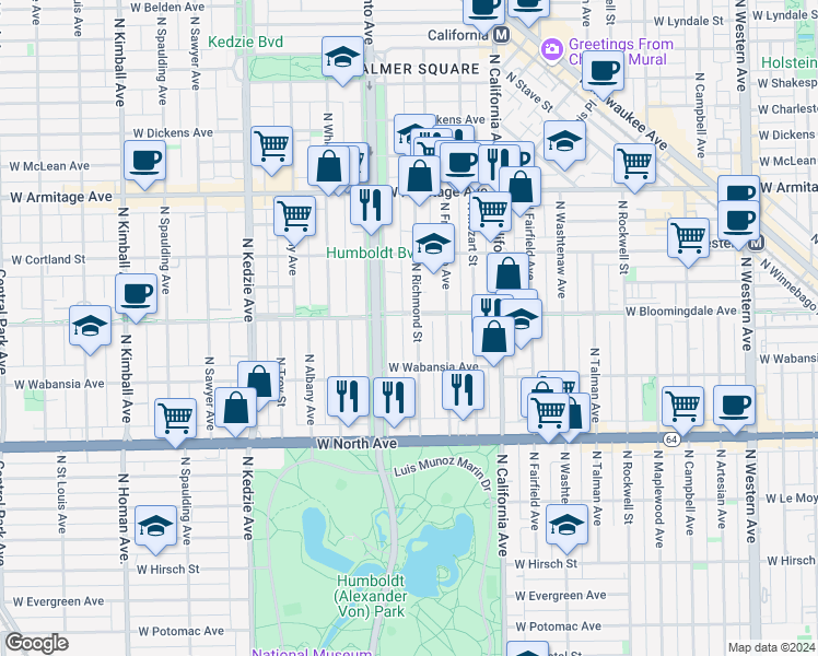 map of restaurants, bars, coffee shops, grocery stores, and more near 1720 North Richmond Street in Chicago