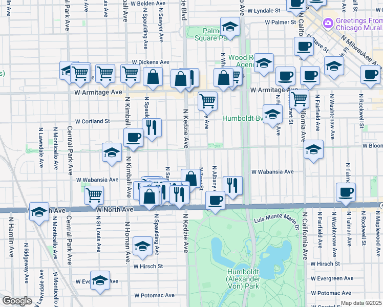 map of restaurants, bars, coffee shops, grocery stores, and more near 1737 North Kedzie Avenue in Chicago