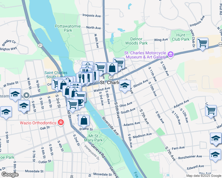map of restaurants, bars, coffee shops, grocery stores, and more near 115 South 4th Avenue in St. Charles