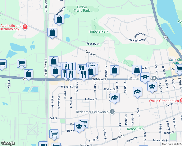 map of restaurants, bars, coffee shops, grocery stores, and more near 1450 West Main Street in St. Charles