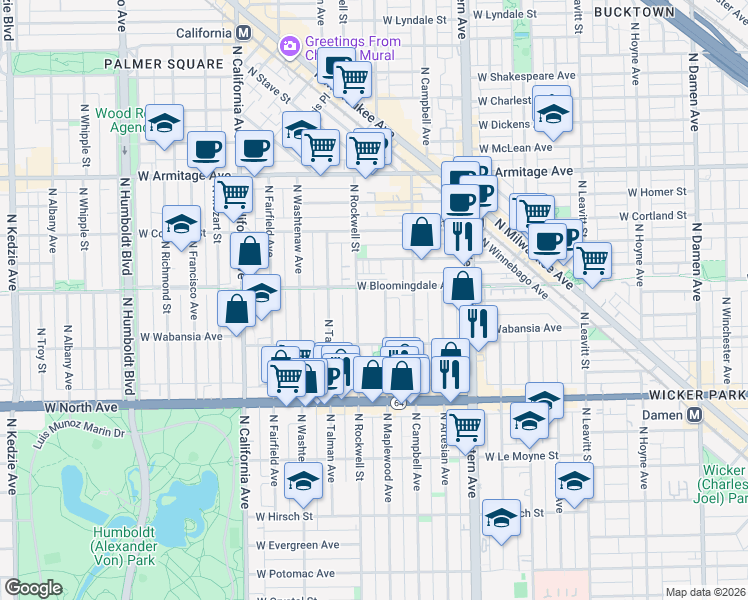 map of restaurants, bars, coffee shops, grocery stores, and more near 1728 North Maplewood Avenue in Chicago