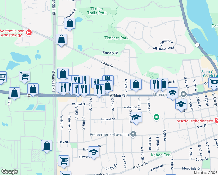 map of restaurants, bars, coffee shops, grocery stores, and more near 34 North 15th Street in St. Charles