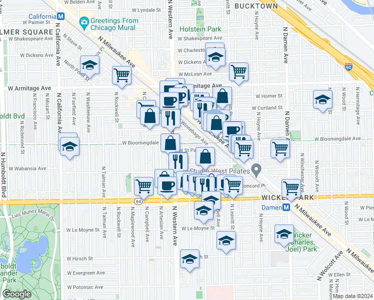 map of restaurants, bars, coffee shops, grocery stores, and more near 2330 West Street Paul Avenue in Chicago