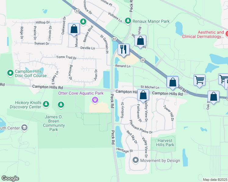 map of restaurants, bars, coffee shops, grocery stores, and more near 3825 Campton Hills Road in St. Charles
