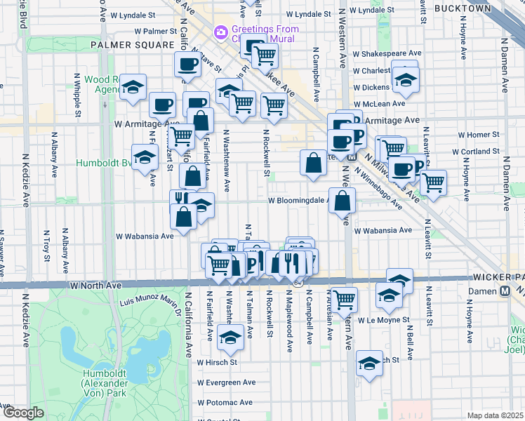 map of restaurants, bars, coffee shops, grocery stores, and more near 1731 North Talman Avenue in Chicago