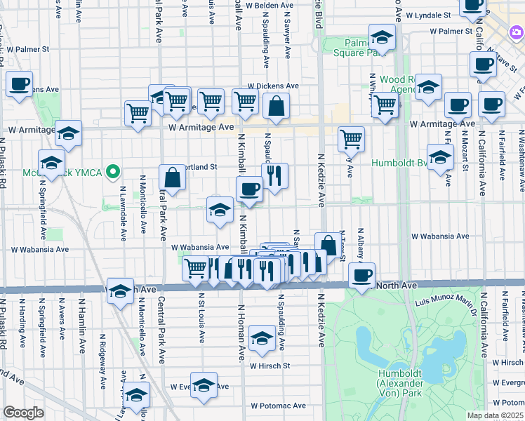 map of restaurants, bars, coffee shops, grocery stores, and more near 1750 North Spaulding Avenue in Chicago