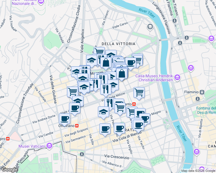 map of restaurants, bars, coffee shops, grocery stores, and more near 2a Via Pietro Borsieri in Roma
