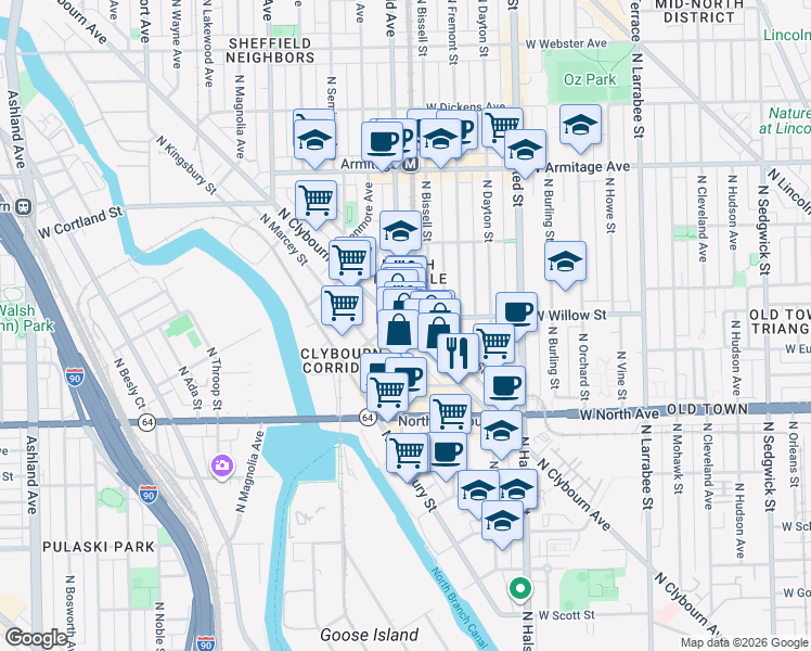 map of restaurants, bars, coffee shops, grocery stores, and more near 1781 North Clybourn Avenue in Chicago
