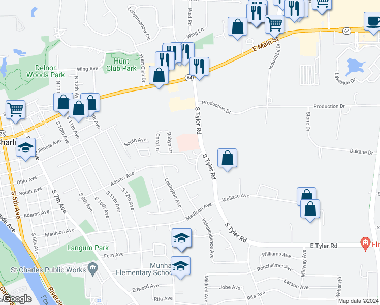 map of restaurants, bars, coffee shops, grocery stores, and more near 872 Munhall Avenue in St. Charles