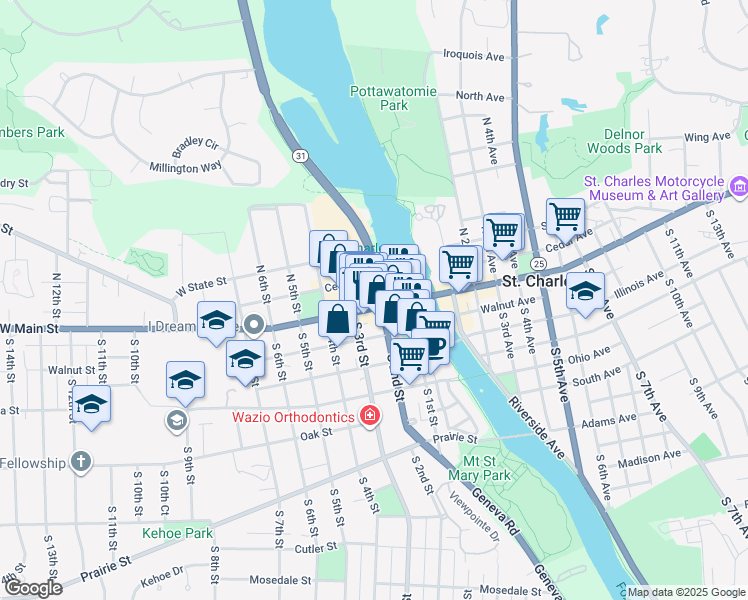map of restaurants, bars, coffee shops, grocery stores, and more near 3 South 2nd Street in St. Charles