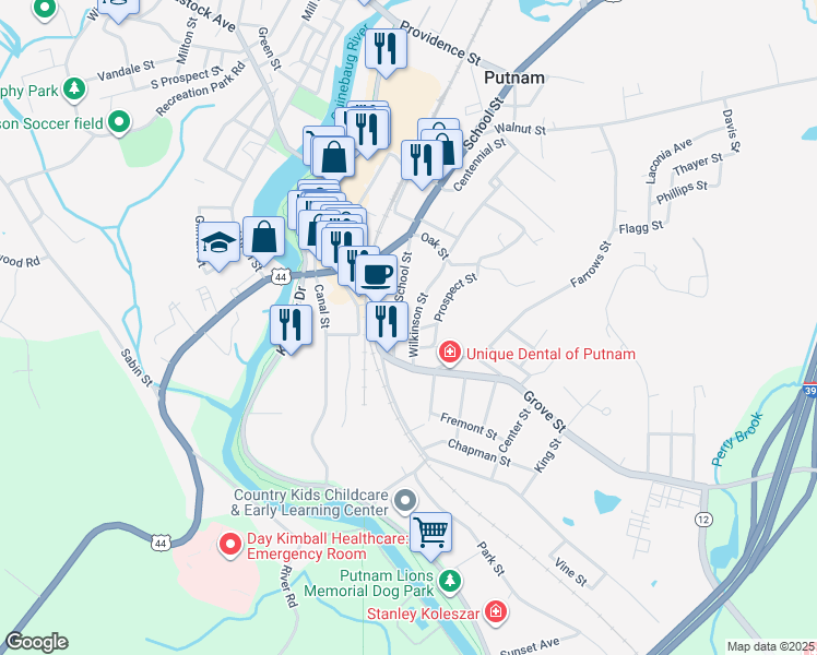 map of restaurants, bars, coffee shops, grocery stores, and more near 2 Grove Street in Putnam