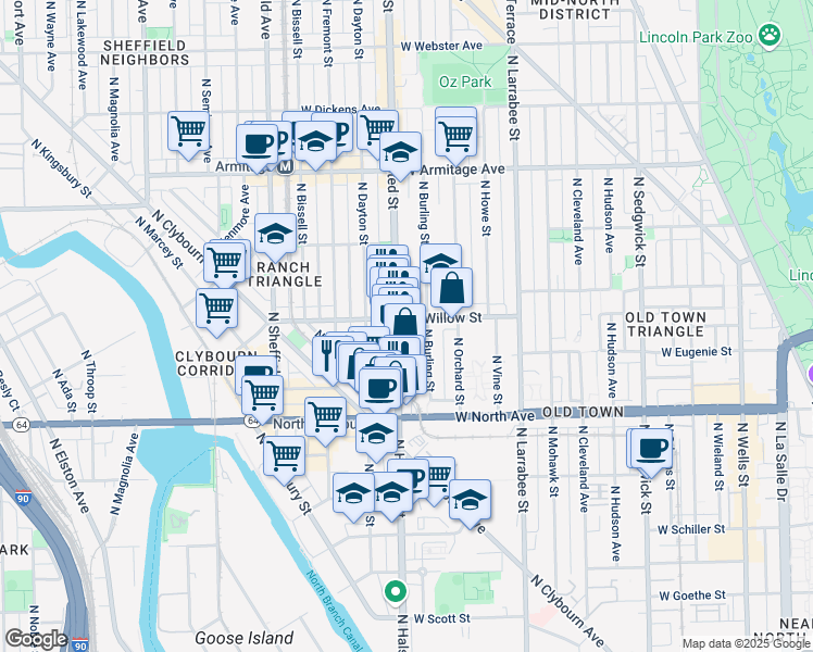 map of restaurants, bars, coffee shops, grocery stores, and more near 1705 North Halsted Street in Chicago