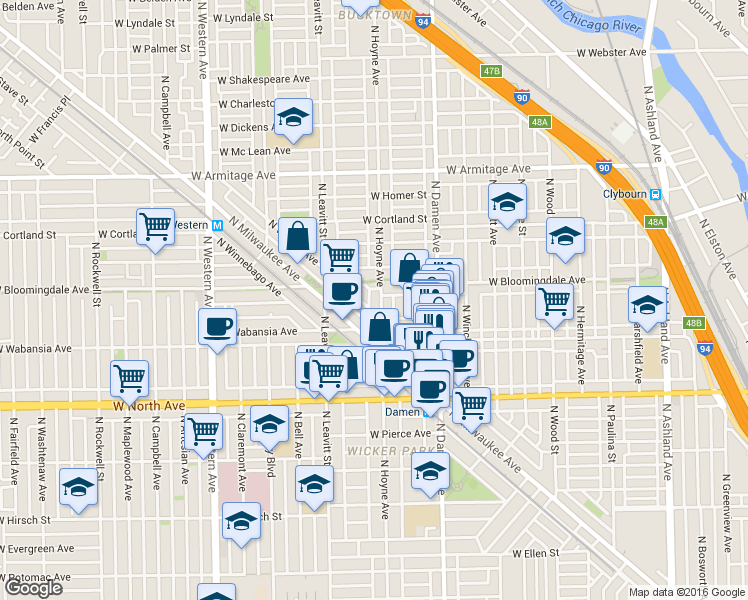map of restaurants, bars, coffee shops, grocery stores, and more near 1731 North Milwaukee Avenue in Chicago