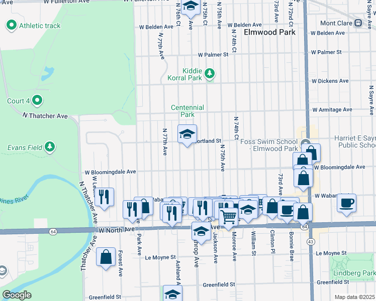map of restaurants, bars, coffee shops, grocery stores, and more near 7607 West Cortland Street in Elmwood Park