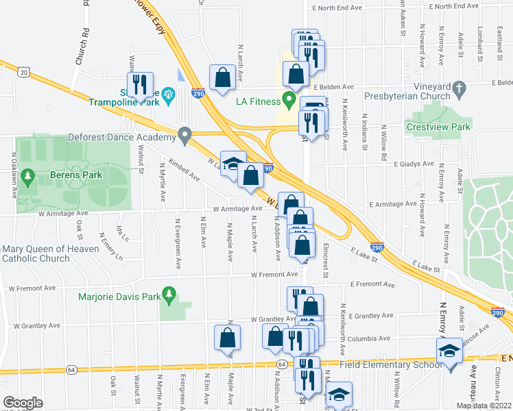 map of restaurants, bars, coffee shops, grocery stores, and more near Larch Avenue in Elmhurst