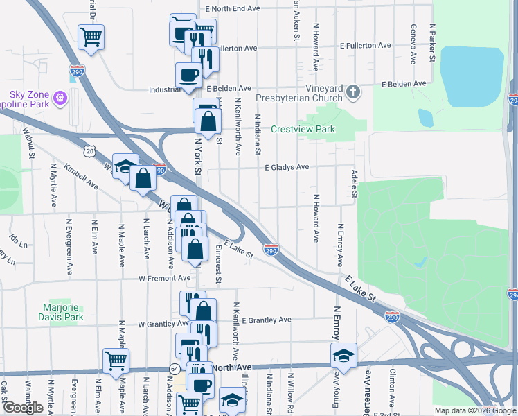 map of restaurants, bars, coffee shops, grocery stores, and more near Indiana St & E Armitage Ave in Elmhurst