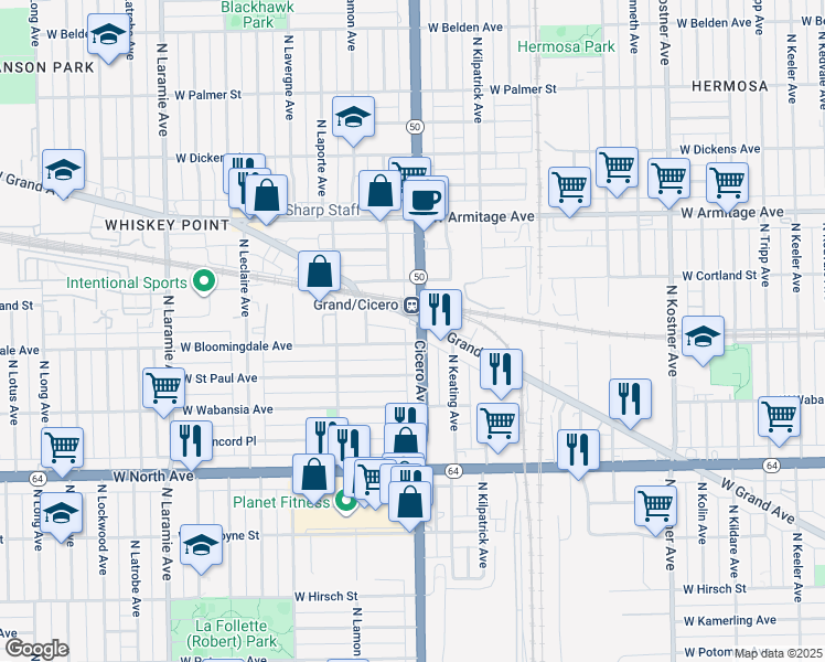 map of restaurants, bars, coffee shops, grocery stores, and more near 4825 West Bloomingdale Avenue in Chicago