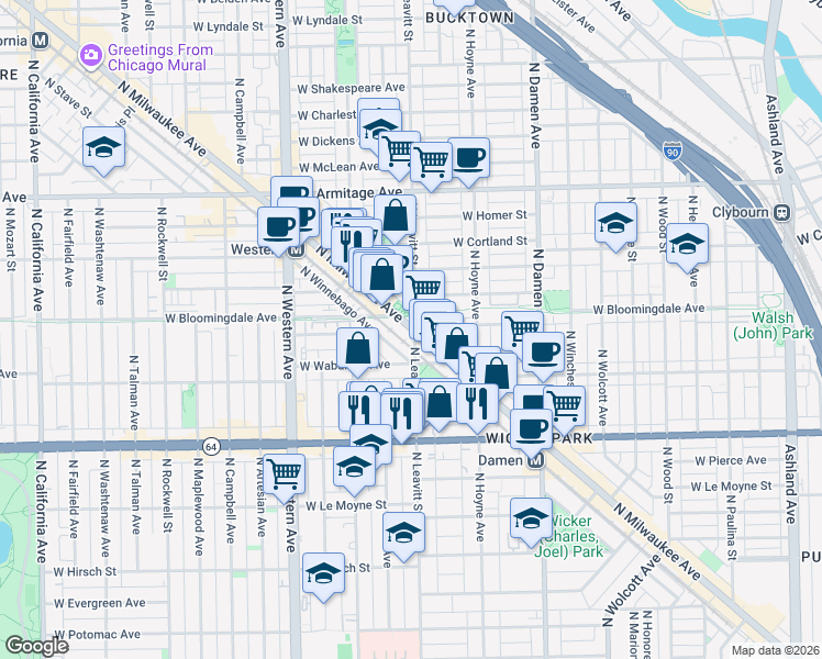 map of restaurants, bars, coffee shops, grocery stores, and more near 1728 N Leavitt St in Chicago