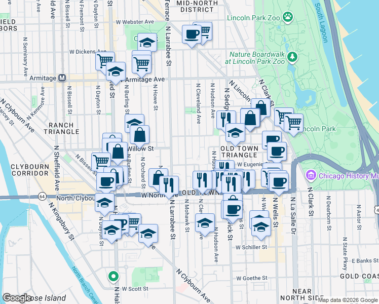 map of restaurants, bars, coffee shops, grocery stores, and more near 518 West Eugenie Street in Chicago