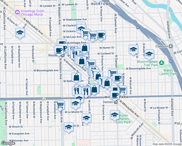 map of restaurants, bars, coffee shops, grocery stores, and more near 1767 North Milwaukee Avenue in Chicago