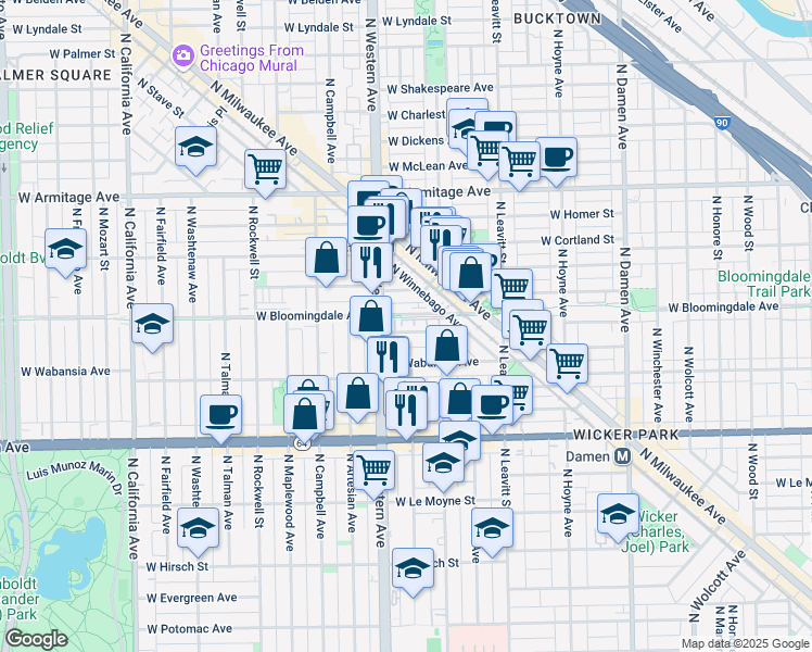 map of restaurants, bars, coffee shops, grocery stores, and more near 2332 West Saint Paul Avenue in Chicago