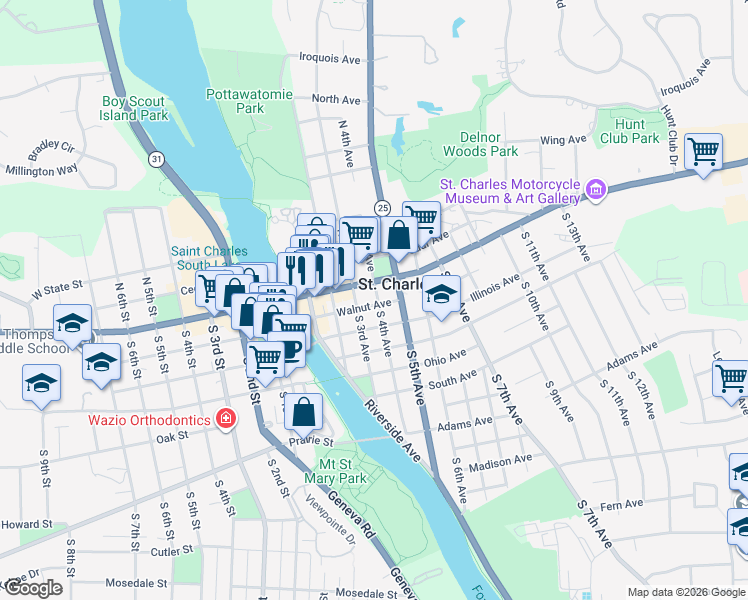 map of restaurants, bars, coffee shops, grocery stores, and more near 115 South 4th Avenue in St. Charles