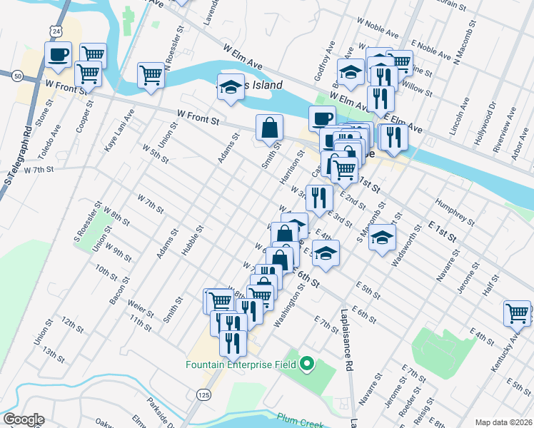 map of restaurants, bars, coffee shops, grocery stores, and more near 109 West 5th Street in Monroe