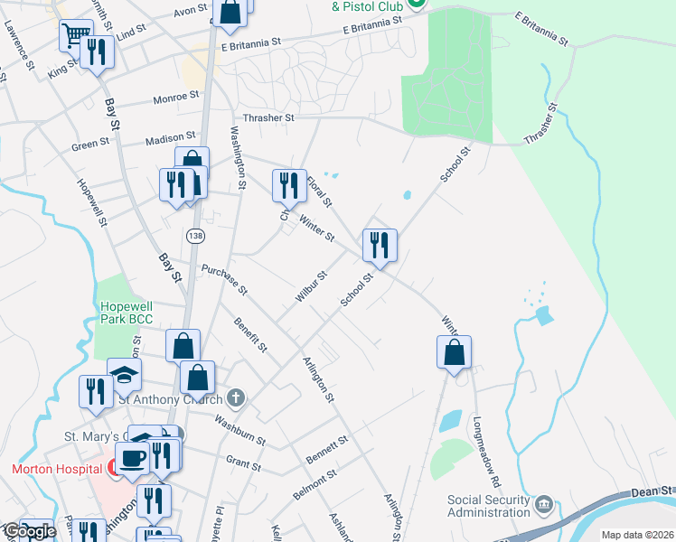 map of restaurants, bars, coffee shops, grocery stores, and more near 200 School Street in Taunton