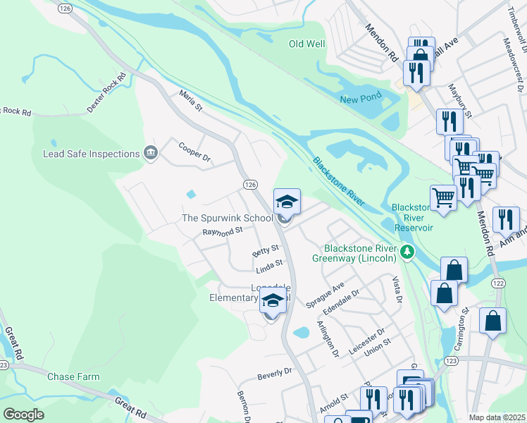map of restaurants, bars, coffee shops, grocery stores, and more near 378 River Road in Lincoln